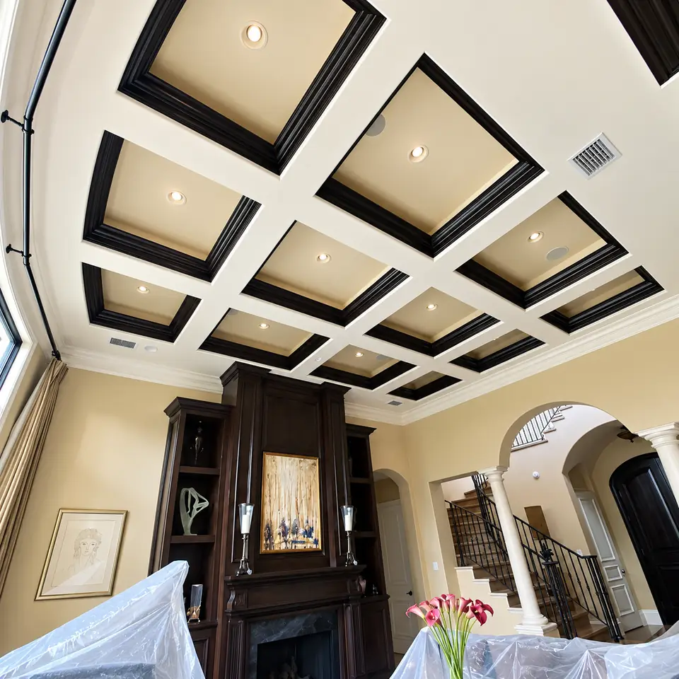 Coffered ceiling with dark-painted beams and lit coffers above a family room fireplace