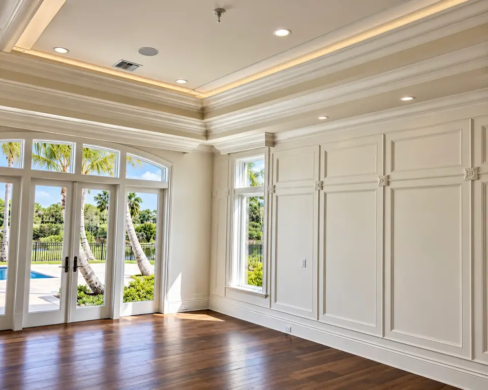 Full wall of white built-in cabinets under a tray ceiling
